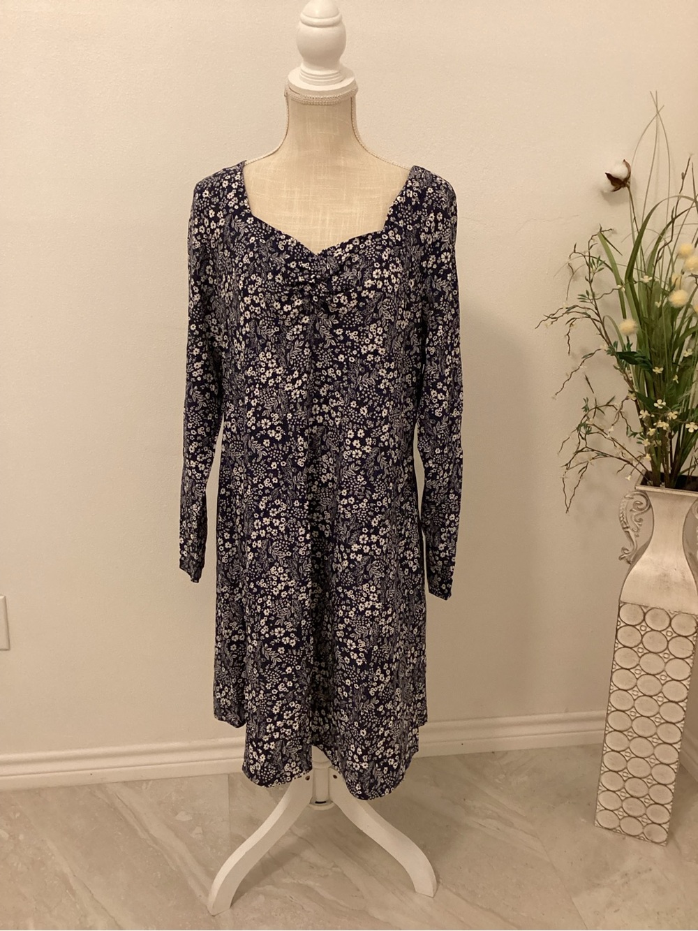SHEIN Navy & White Floral Long Sleeve Dress
